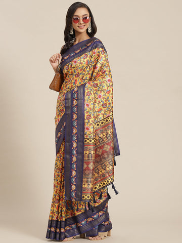 Surat Sari Yellow & Navy Blue Ethnic Motifs Zari Art Silk Banarasi Saree