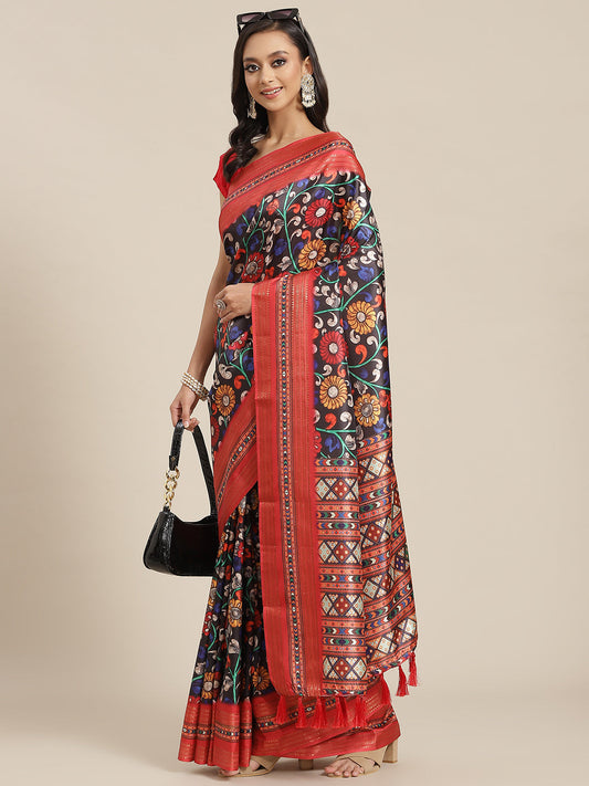 Surat Sari Navy Blue & Peach-Coloured Ethnic Motifs Zari Art Silk Banarasi Saree