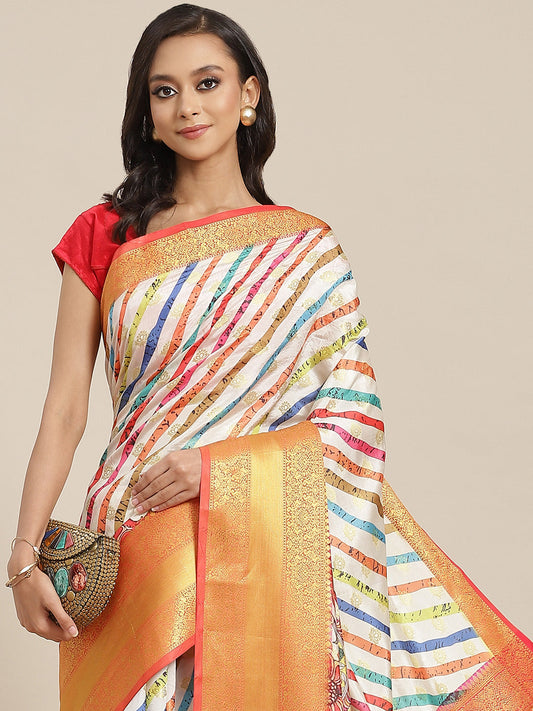 Surat Sari Peach-Coloured & Blue Floral Zari Art Silk Banarasi Saree