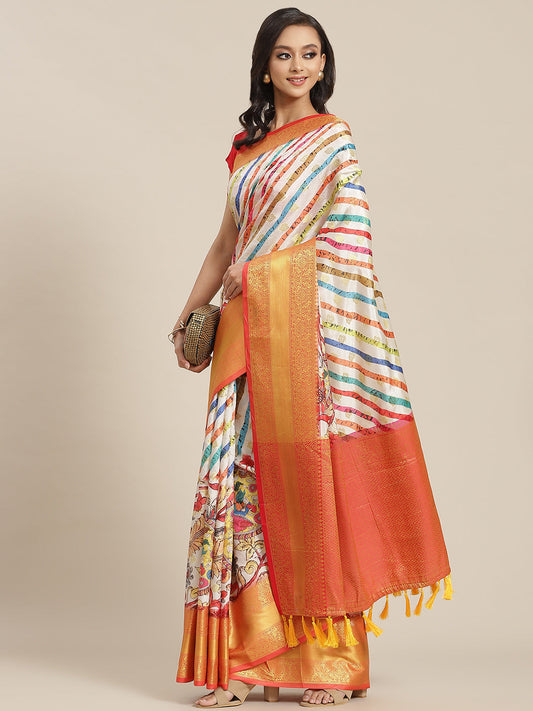 Surat Sari Peach-Coloured & Blue Floral Zari Art Silk Banarasi Saree