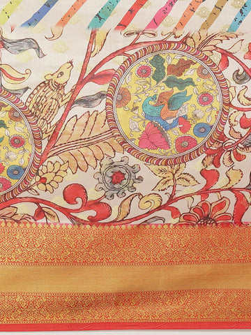 Surat Sari Peach-Coloured & Blue Floral Zari Art Silk Banarasi Saree