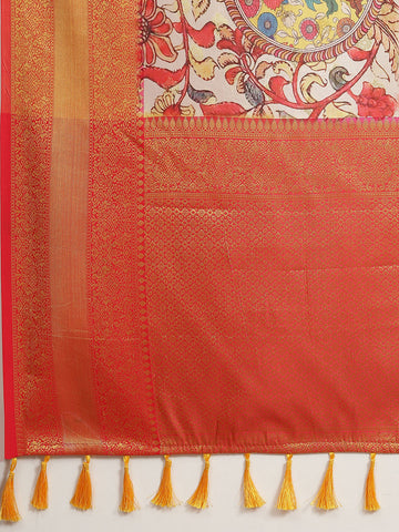 Surat Sari Peach-Coloured & Blue Floral Zari Art Silk Banarasi Saree