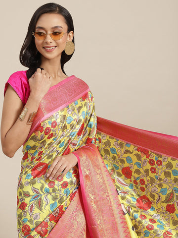 Surat Sari Yellow & Pink Ethnic Motifs Zari Art Silk Banarasi Saree