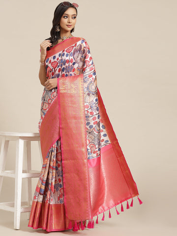 Surat Sari White & Peach-Coloured Floral Zari Art Silk Banarasi Saree