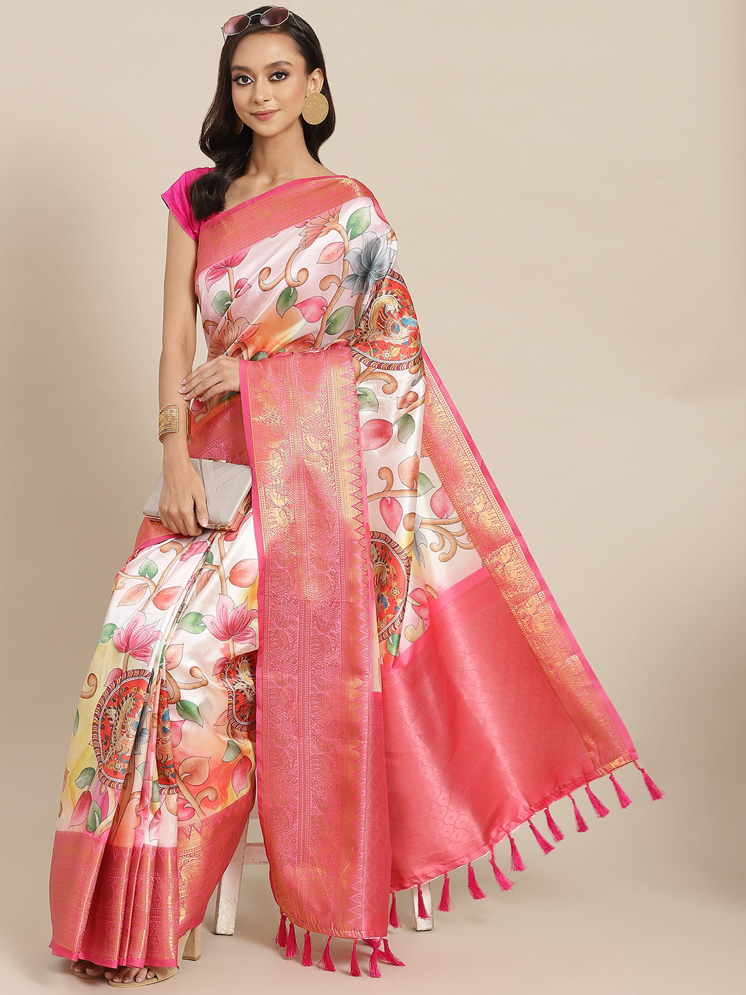 Surat Sari White & Pink Floral Zari Art Silk Banarasi Saree