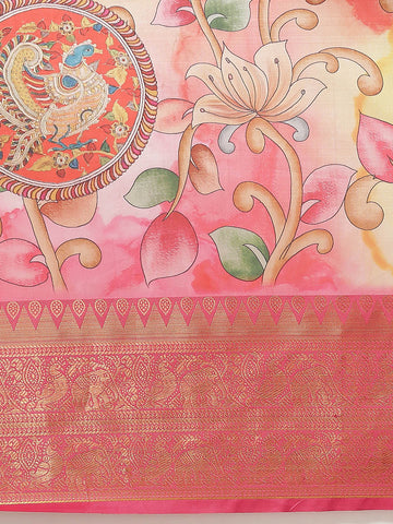 Surat Sari White & Pink Floral Zari Art Silk Banarasi Saree