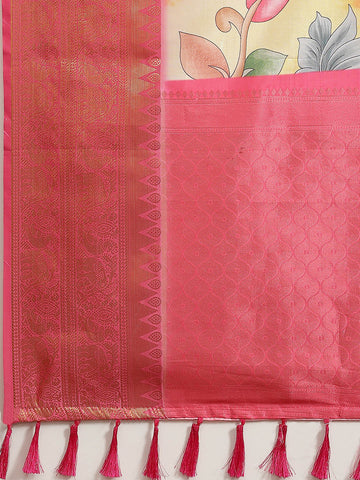 Surat Sari White & Pink Floral Zari Art Silk Banarasi Saree