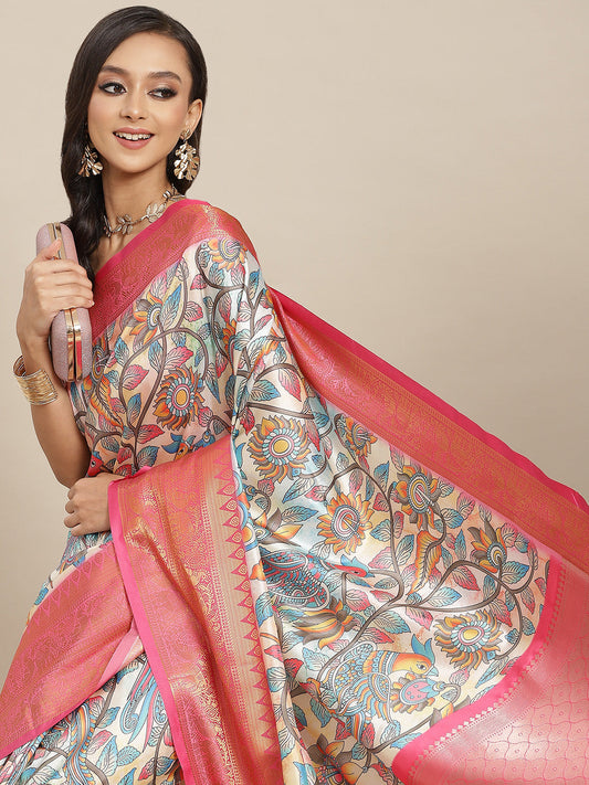 Surat Sari White & Peach-Coloured Ethnic Motifs Zari Art Silk Banarasi Saree