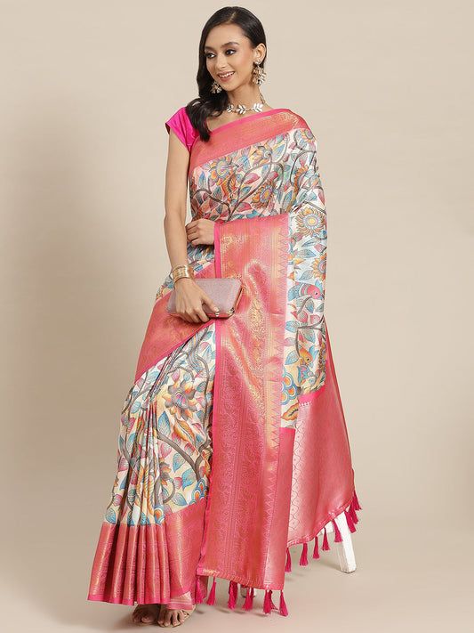 Surat Sari White & Peach-Coloured Ethnic Motifs Zari Art Silk Banarasi Saree