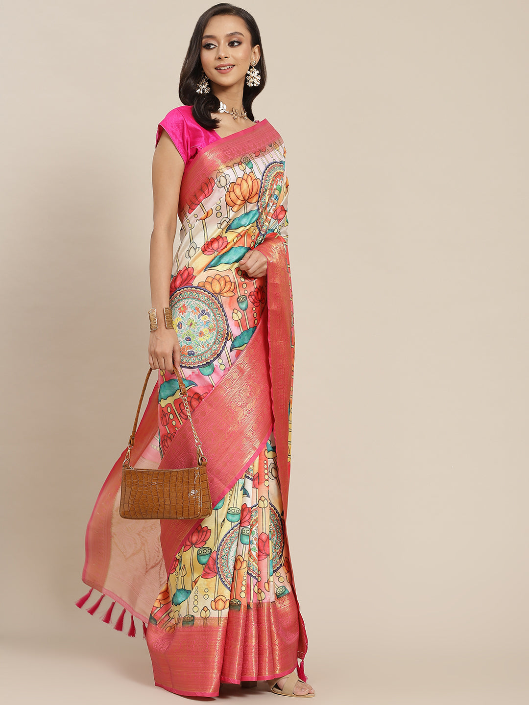Surat Sari Off White & Peach-Coloured Ethnic Motifs Zari Art Silk Banarasi Saree
