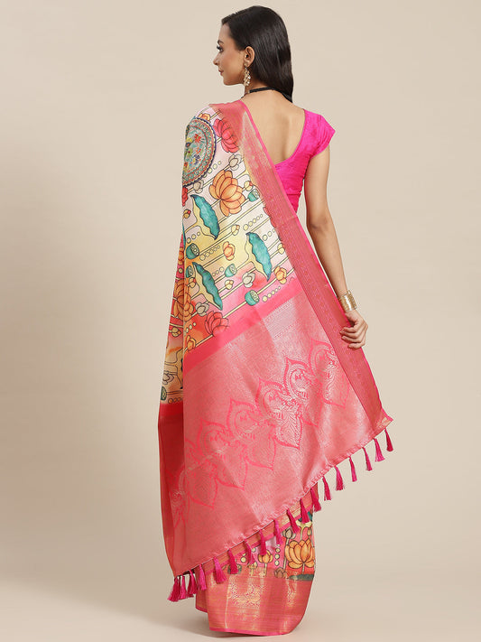 Surat Sari Off White & Peach-Coloured Ethnic Motifs Zari Art Silk Banarasi Saree