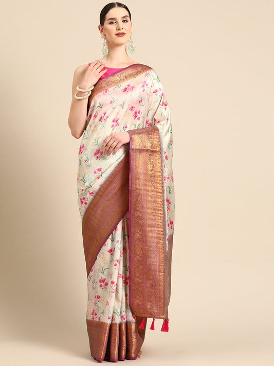 Surat Sari Floral Printed Zari Banarasi Saree