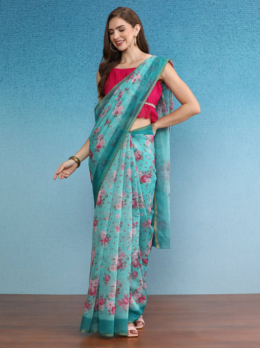 Floral Printed Zari Chanderi Surat Sari