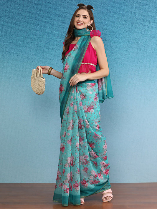 Floral Printed Zari Chanderi Surat Sari