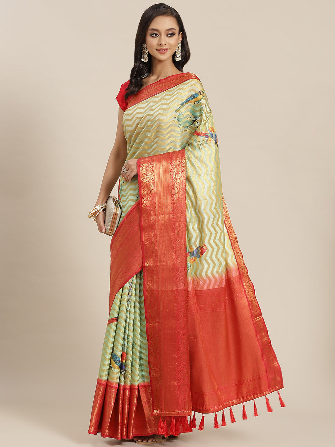 Surat Sari Green & Red Zari Art Silk Banarasi Saree