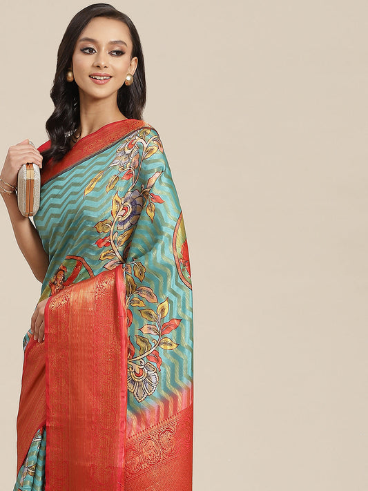 Surat Sari Teal Green & Red Ethnic Motifs Zari Art Silk Banarasi Saree