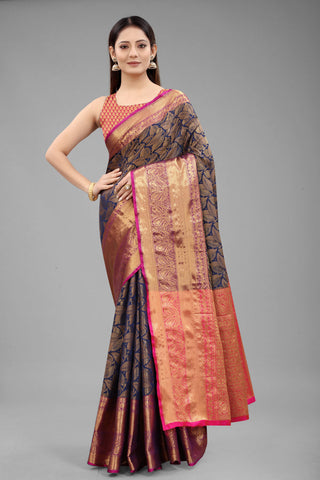 Surat Sari Navy Blue & Golden Floral Zari Banarasi Saree