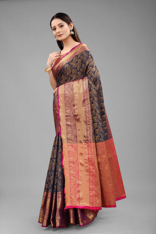 Surat Sari Navy Blue & Golden Floral Zari Banarasi Saree