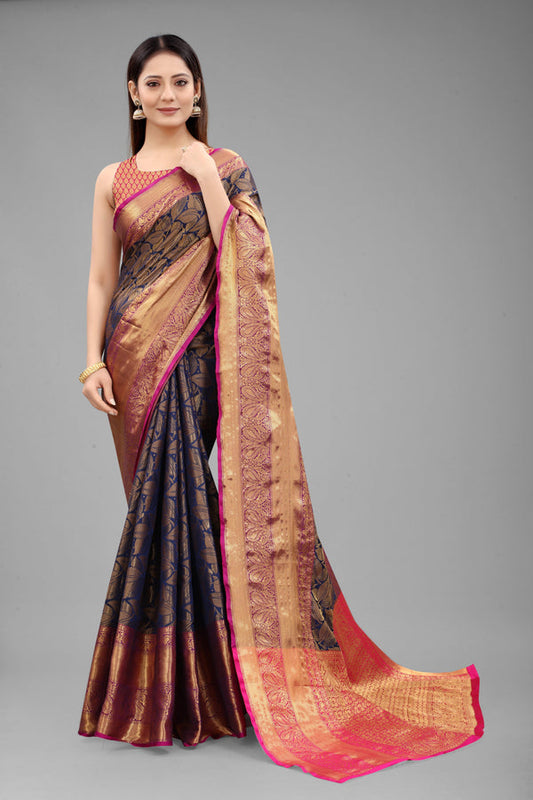 Surat Sari Navy Blue & Golden Floral Zari Banarasi Saree