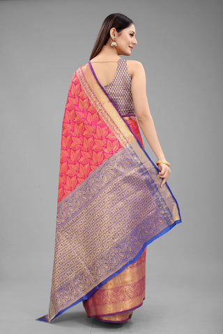 Surat Sari Pink & Golden Floral Zari Banarasi Saree