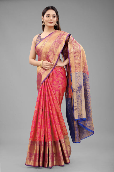 Surat Sari Pink & Golden Floral Zari Banarasi Saree