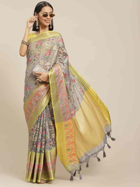 Surat Sari Grey & Pink Ethnic Motifs Ikat Saree