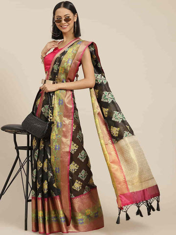 Surat Sari Black & Pink Woven Design Pochampally Saree