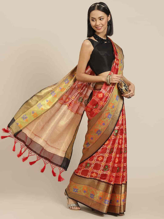 Surat Sari Red & Gold-Toned Floral Pochampally Saree