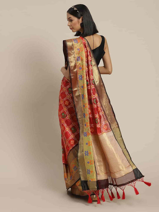 Surat Sari Red & Gold-Toned Floral Pochampally Saree