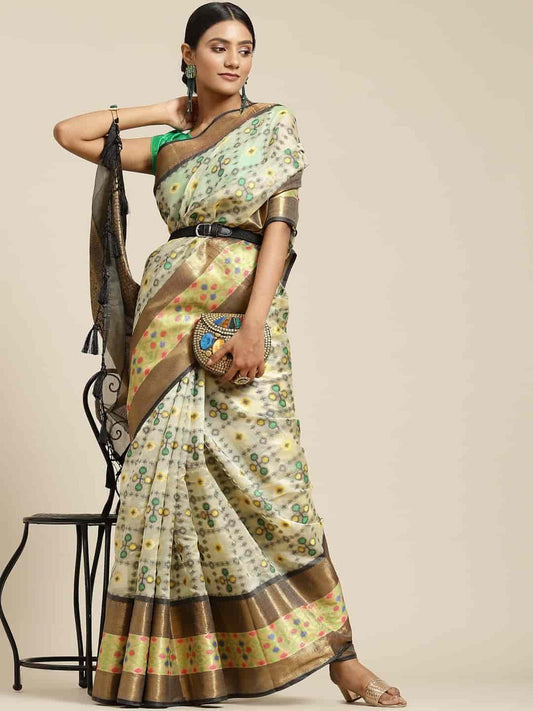 Surat Sari Beige & Green Ethnic Motifs Pochampally Saree