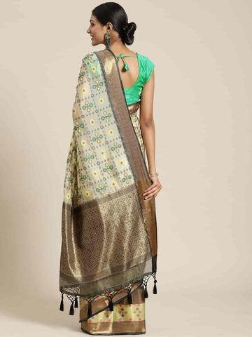 Surat Sari Beige & Green Ethnic Motifs Pochampally Saree