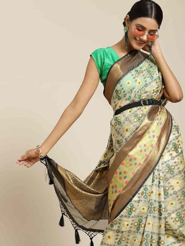 Surat Sari Beige & Green Ethnic Motifs Pochampally Saree