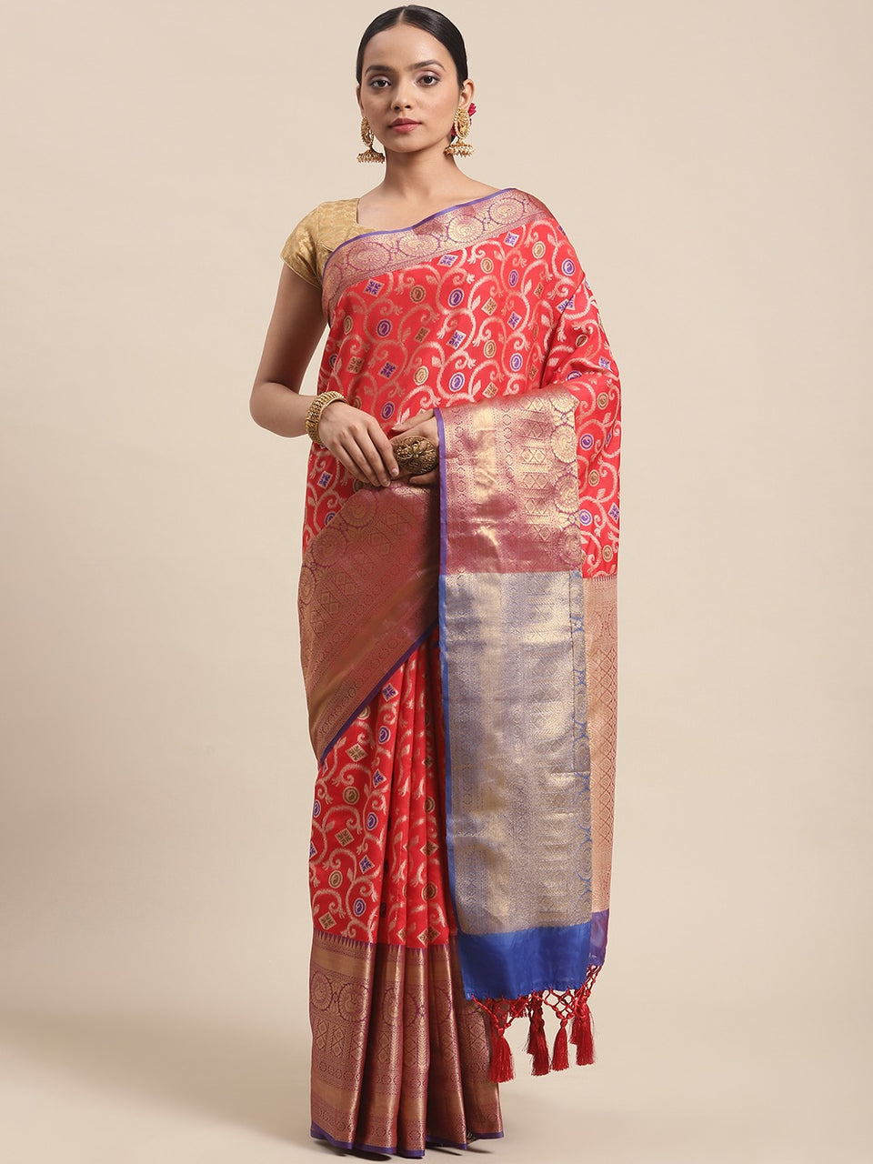 Surat Sari Red & Gold-Toned Floral Zari Pochampally Saree