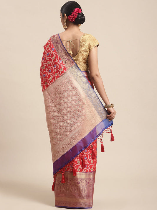 Surat Sari Red & Gold-Toned Floral Zari Pochampally Saree