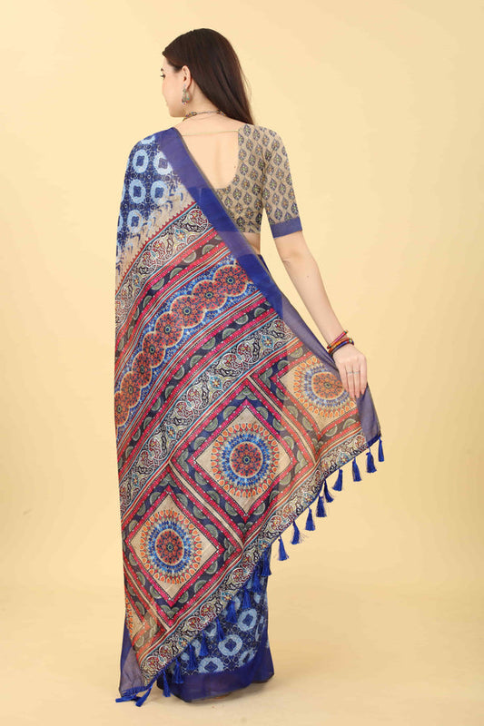 Geometric Printed Zari Chanderi Indigo Saree