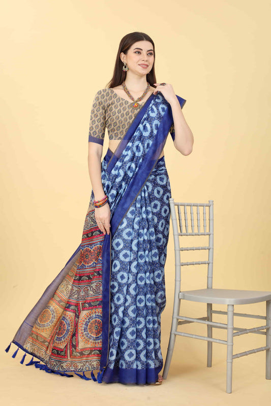 Geometric Printed Zari Chanderi Indigo Saree