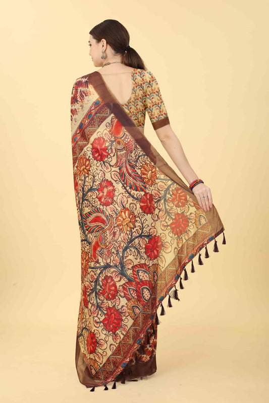 Kalamkari Digital Printed Chanderi Surat Sari With Tassled Border