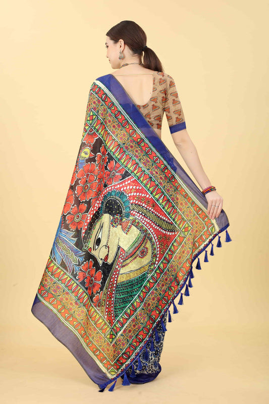 Kalamkari Digital Printed Chanderi Indigo Saree