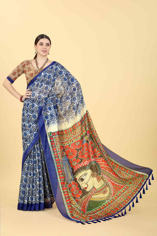 Kalamkari Digital Printed Chanderi Indigo Saree