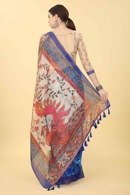 Kalamkari Printed Zari Chanderi Indigo Saree