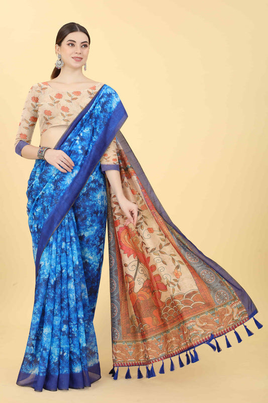 Kalamkari Printed Zari Chanderi Indigo Saree