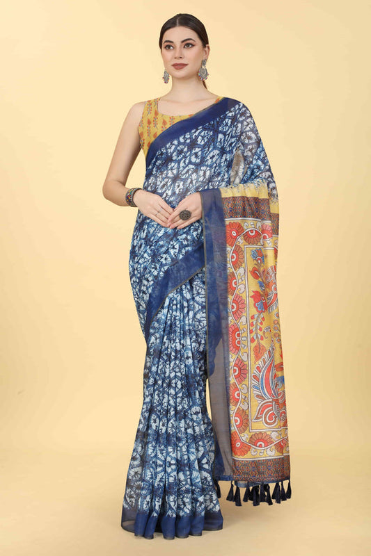 Kalamkari Printed Chanderi Indigo Saree