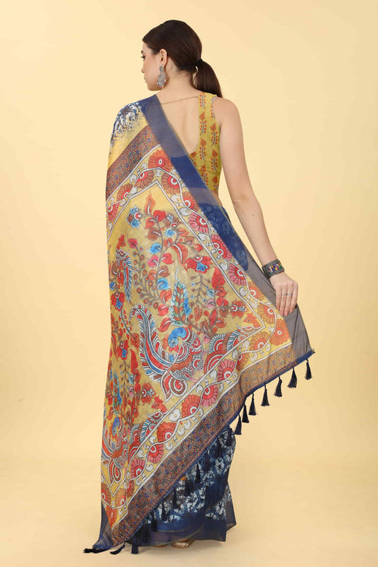 Kalamkari Printed Chanderi Indigo Saree