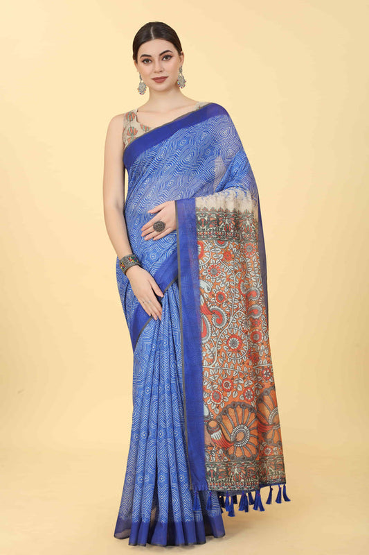 Abstract Printed Kalamkari Zari Chanderi Indigo Saree