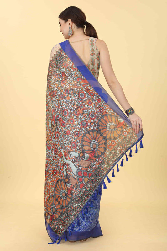 Abstract Printed Kalamkari Zari Chanderi Indigo Saree