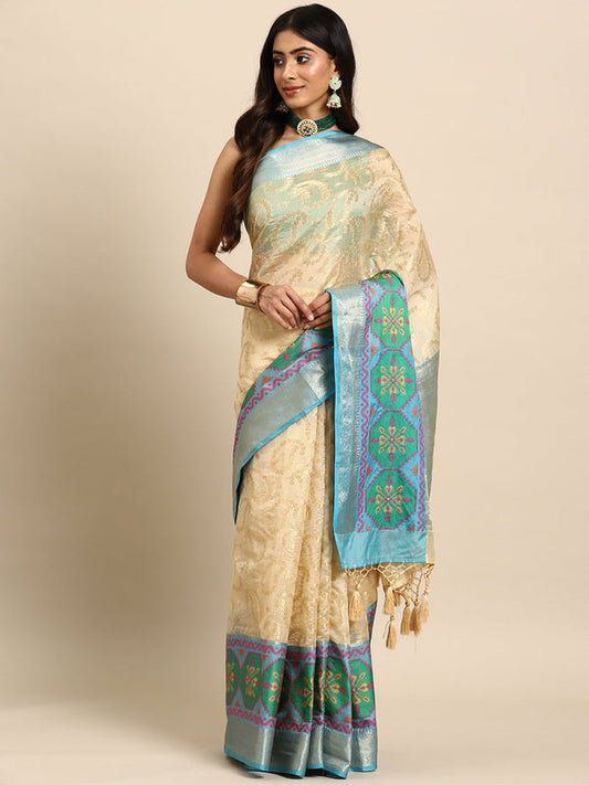 Surat Sari Beige & Blue Paisley Zari Silk Blend Banarasi Saree