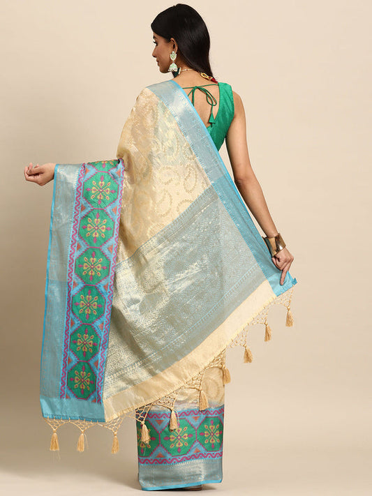 Surat Sari Beige & Blue Paisley Zari Silk Blend Banarasi Saree