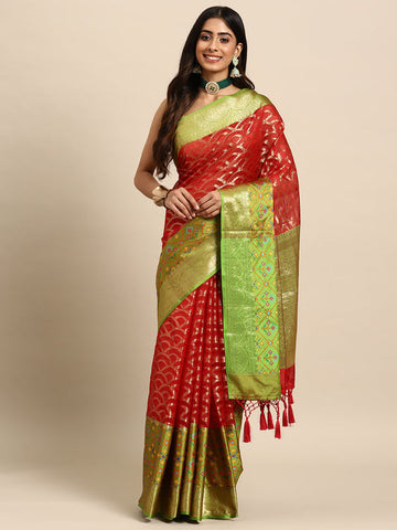 Surat Sari Red & Green Zari Silk Blend Banarasi Saree