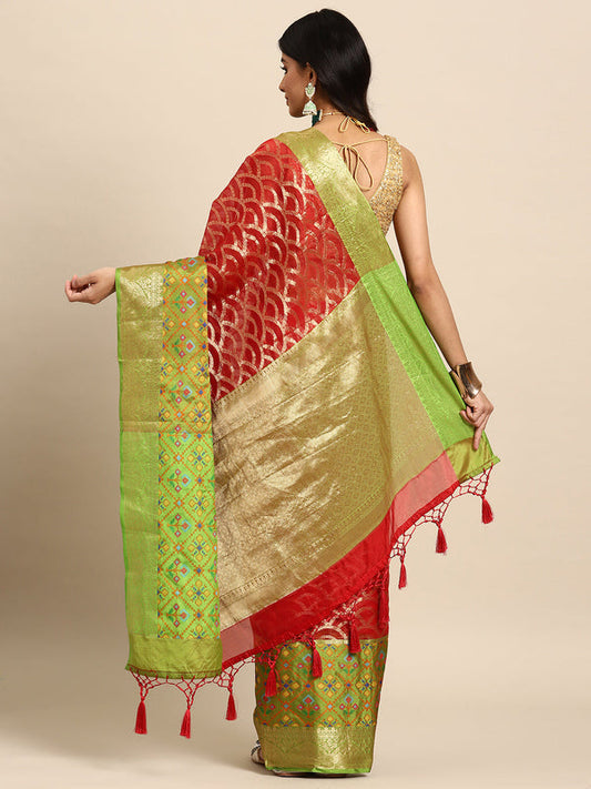 Surat Sari Red & Green Zari Silk Blend Banarasi Saree