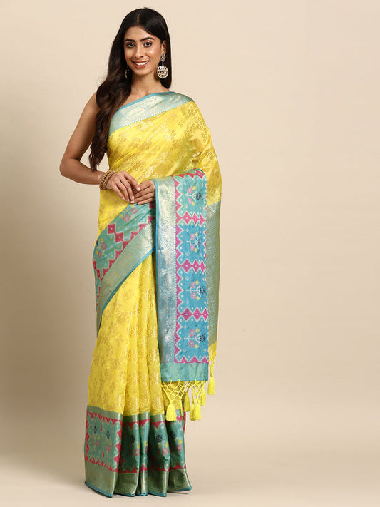 Surat Sari Yellow & Blue Zari Silk Blend Banarasi Saree